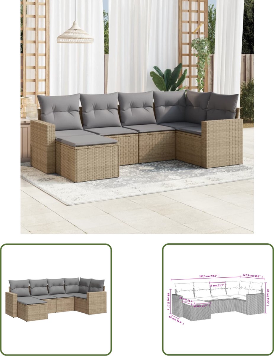 The Living Store 6-delige Loungeset met kussens poly rattan beige - Loungebank - Tuinset - Buitendecoratie - Loungeset - Pe Rattan