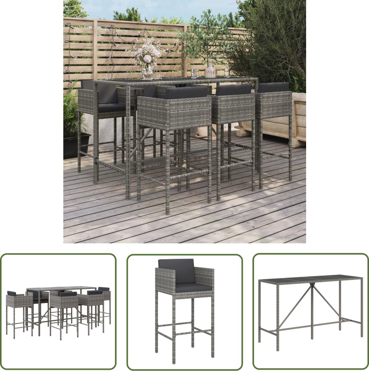 The Living Store 7-delige Tuinbarset met kussens poly rattan grijs - Tuinbarset - Buitendecor - Lounge Set - Bistro Set - Tuinset