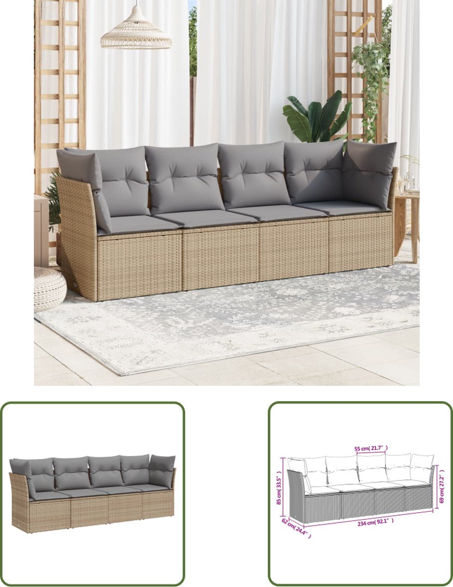 The Living Store 4-delige Loungeset in beige poly rattan met kussens.
