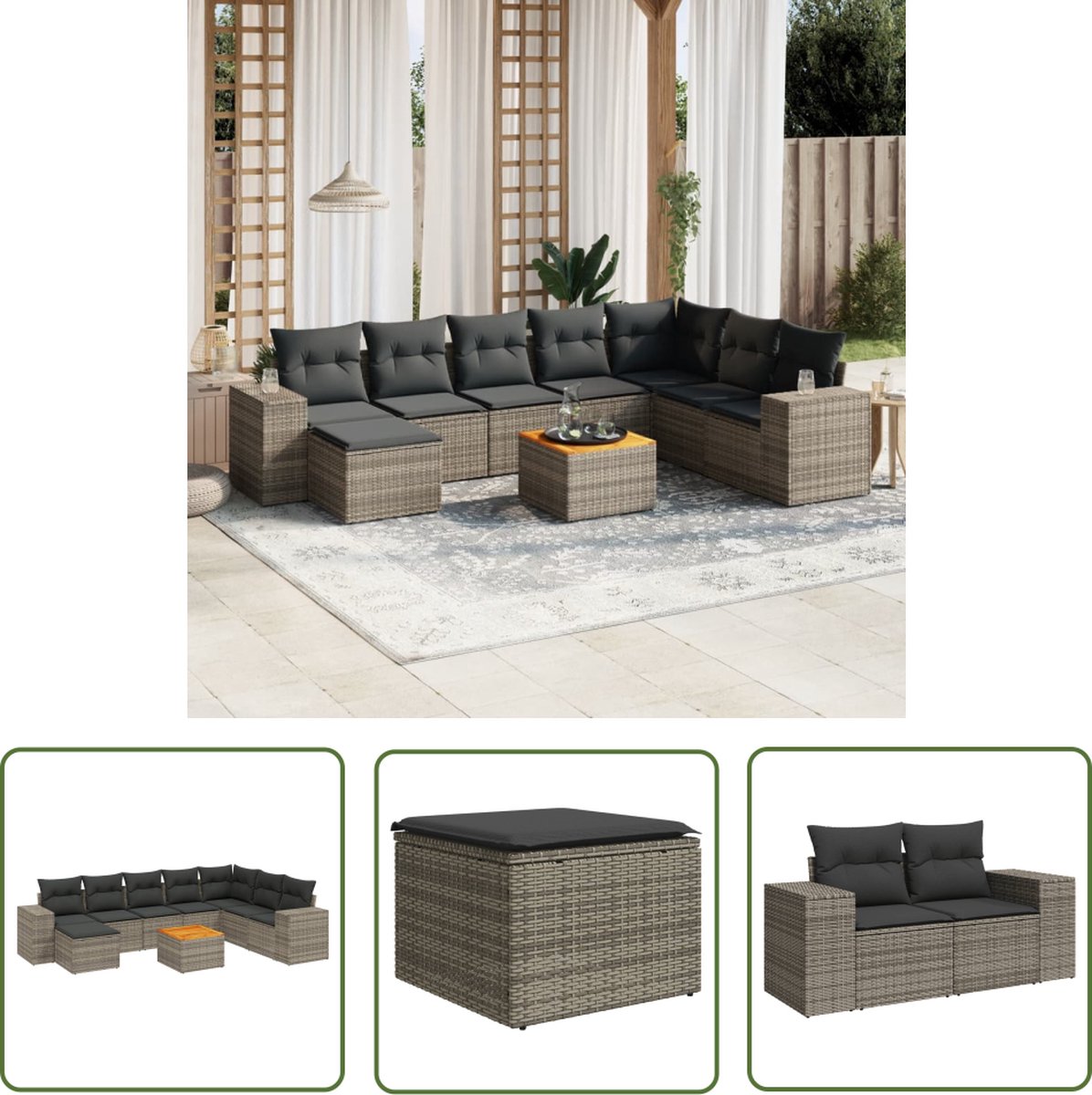 The Living Store 9-delige Loungeset met kussens poly rattan grijs - Loungebank - Tuinlounge - Lounge Set - Outdoor Furniture - Pe Rattan