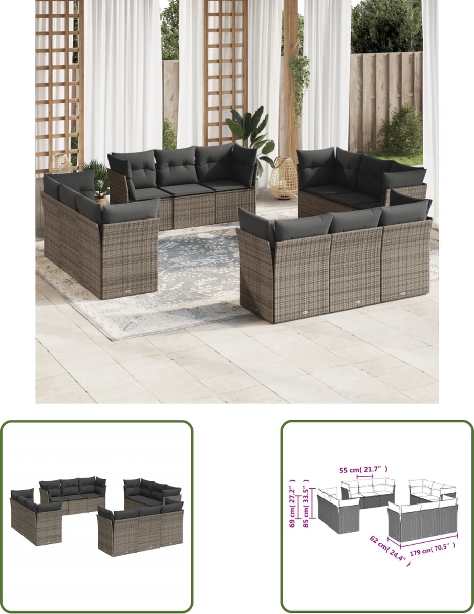 The Living Store 12-delige Loungeset met kussens poly rattan grijs - Lounge Set - Tuinset - Buitendecoratie - Tuinmeubels - Lounge Bank