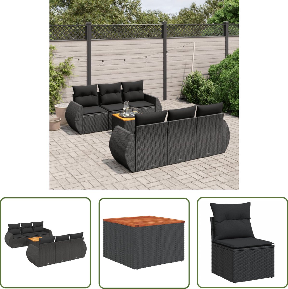 The Living Store 7-delige Loungeset met kussens poly rattan zwart - Loungeset - Lounge - Tuinmeubels - Buitendecoratie - PE-rattan