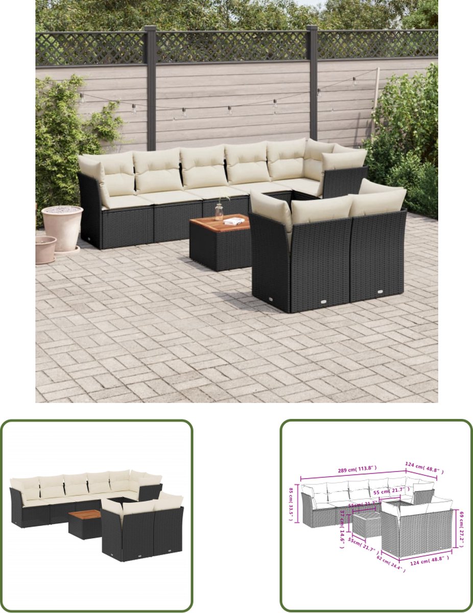 The Living Store 9-delige Loungeset met kussens poly rattan zwart - Loungeset - Loungemeubels - Buitendecoratie - Tuinmeubelen - PE-rattan