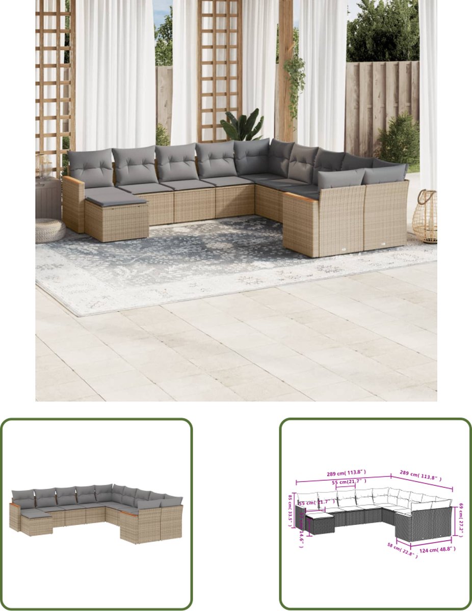 The Living Store 11-delige Tuinset met kussens poly rattan beige - Loungeset - Tuinset - Tuinmeubels - Lounge Set - Ratan Meubel