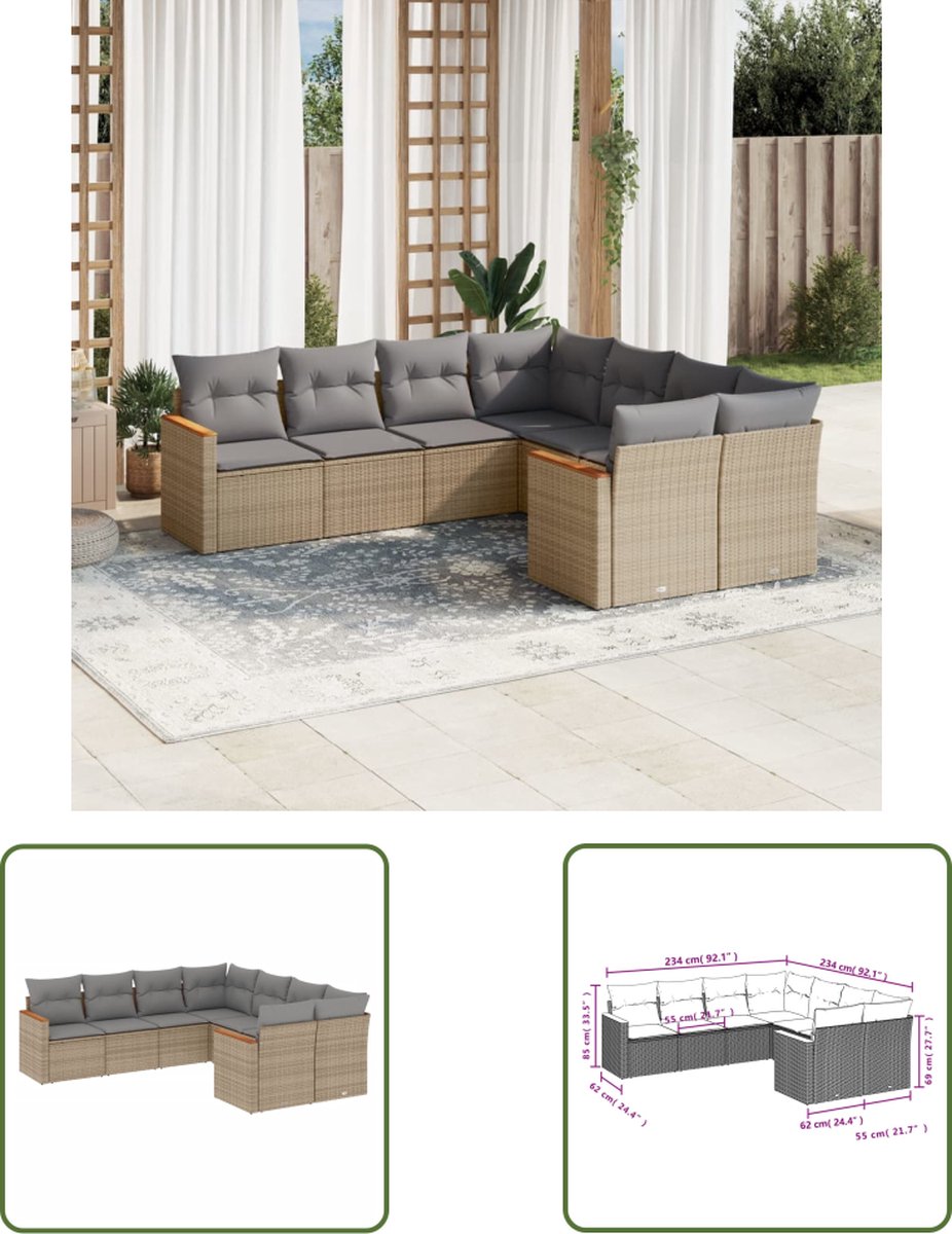 The Living Store 8-delige Loungeset met kussens poly rattan beige - Loungeset - Tuinset - Lounge Set - Tuinmeubels - Pe Rattan