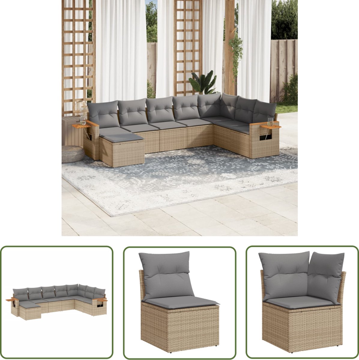 The Living Store 8-delige Loungeset met kussens poly rattan beige - Loungeset - Lounge Set - Tuinset - Buitendecoratie - Tuinmeubels