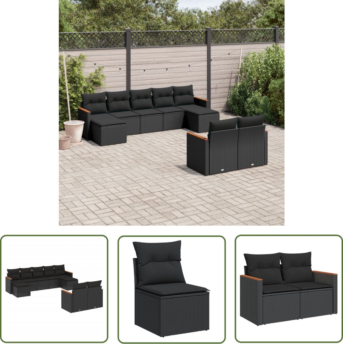 The Living Store 9-delige Loungeset met kussens poly rattan zwart - Loungebank - Tuinset - Lounge Set - Buitendining - Tuinmeubels