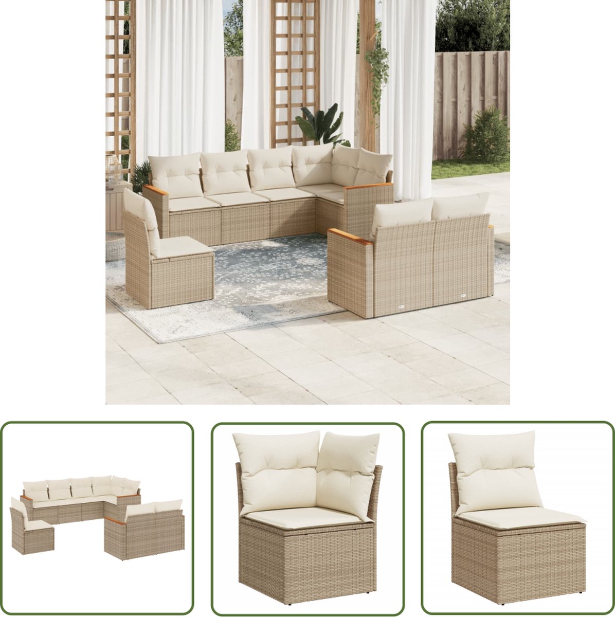 The Living Store 8-delige Loungeset met kussens poly rattan beige - Loungeset - Lounge Set - Tuinset - Buitendecoratie - Tuinbank