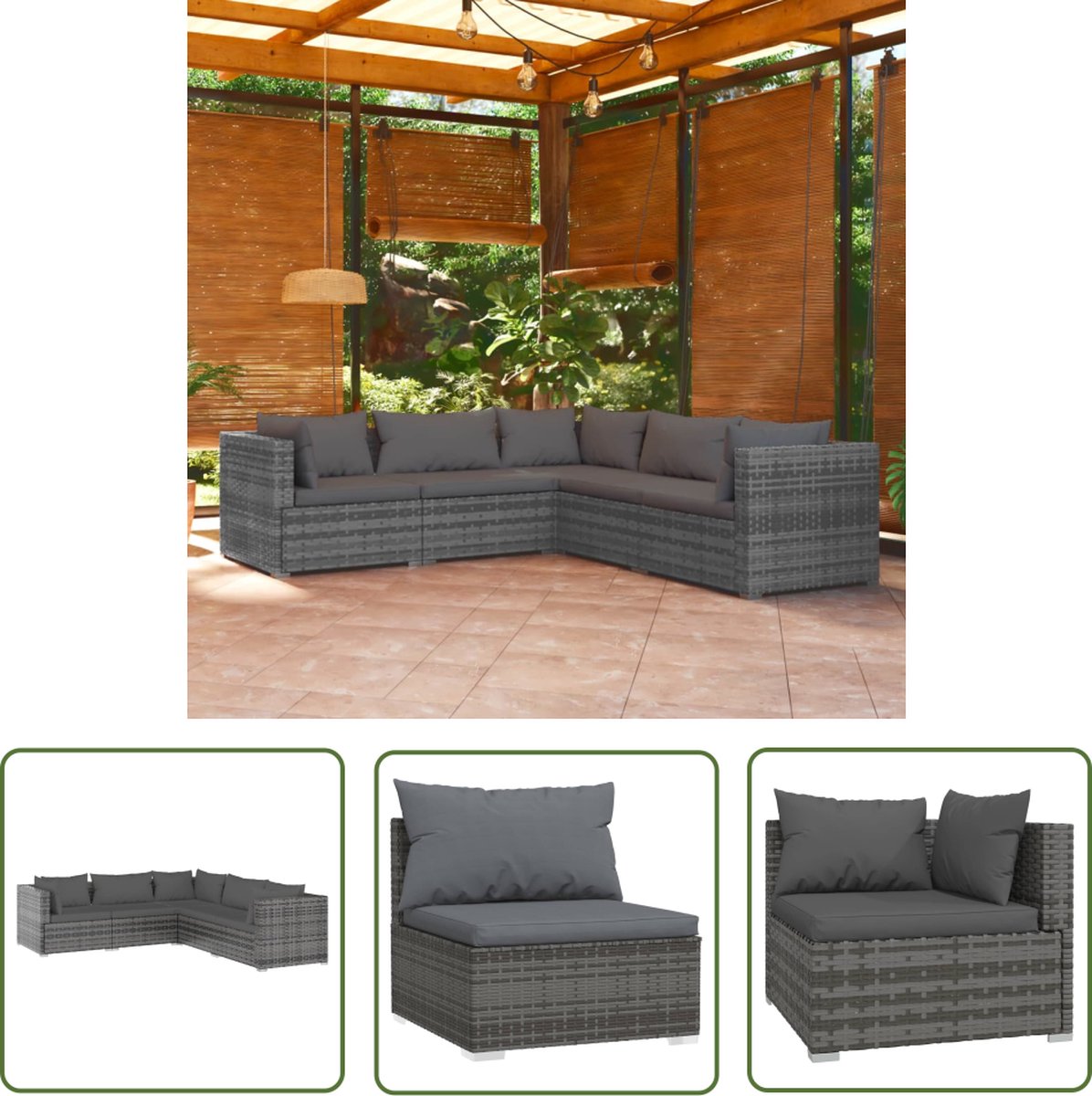 The Living Store 5-delige Loungeset met kussens poly rattan grijs - Loungeset - Lounge Set - Buitendiner - Tuinstoel - Tuinbank
