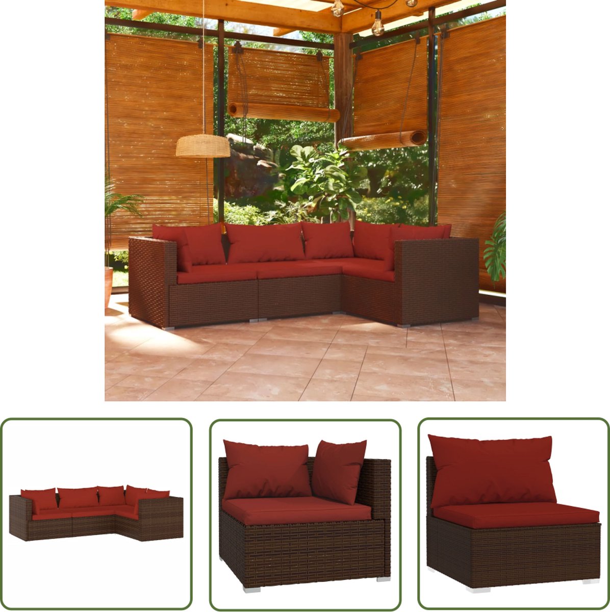 The Living Store 4-delige Loungeset met kussens poly rattan bruin - Lounge Set - Tuinstoel - Buitendecoratie - Lounge Bank - Loungestoel