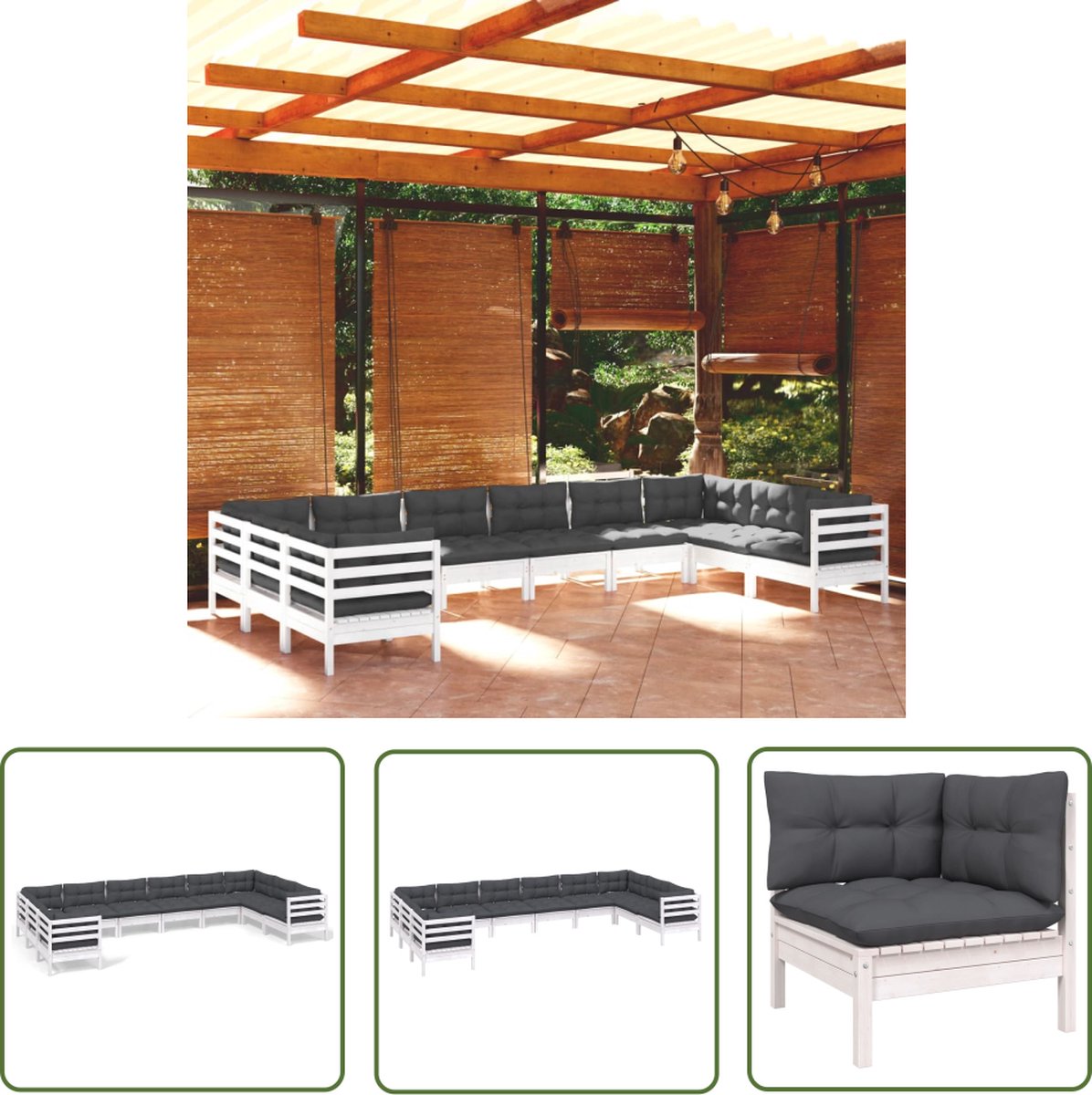 The Living Store 10-delige Loungeset met kussens grenenhout wit - Tuinlounge - Lounge Set - Tuinset - Buitendecor - Hout Meubel