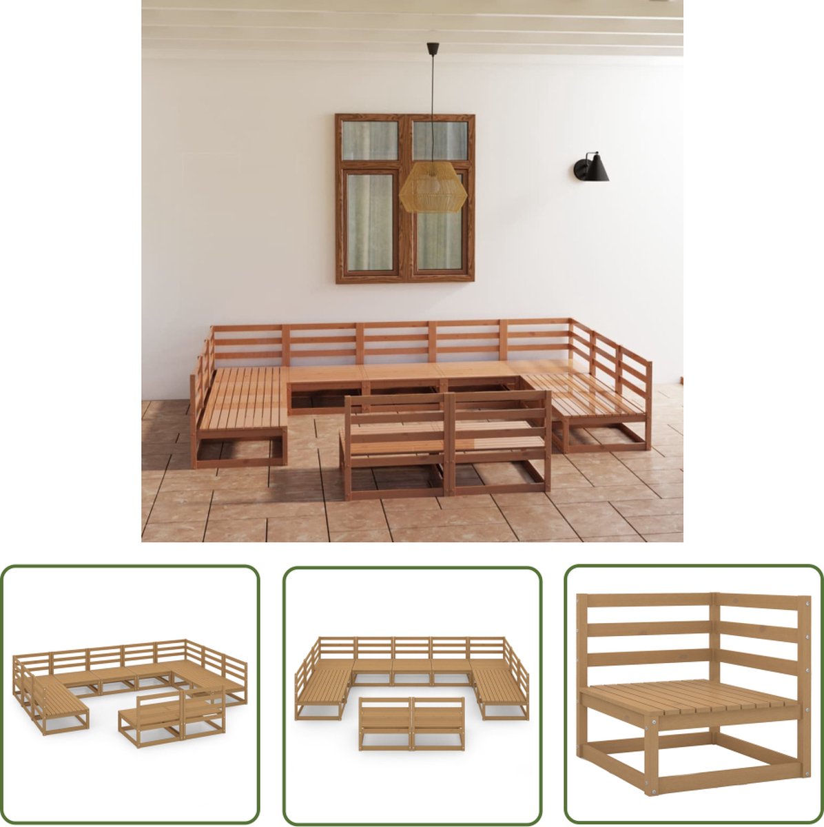 The Living Store 11-delige Loungeset massief grenenhout - Tuinset - Lounge Set - Houten Bank - Tuinbank - Buitendiner