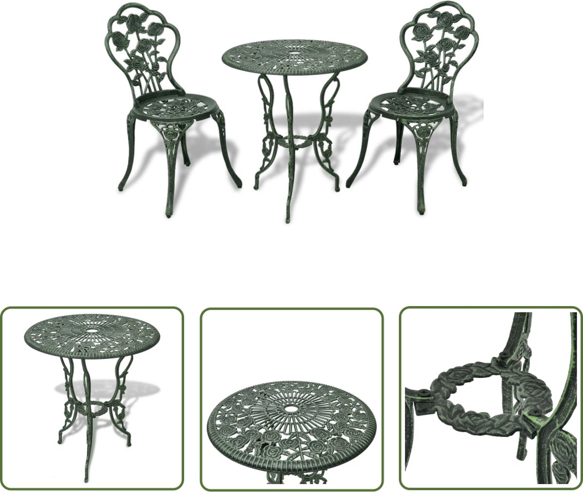 Groene 3-delige Bistroset van gietaluminium voor tuin en terras.