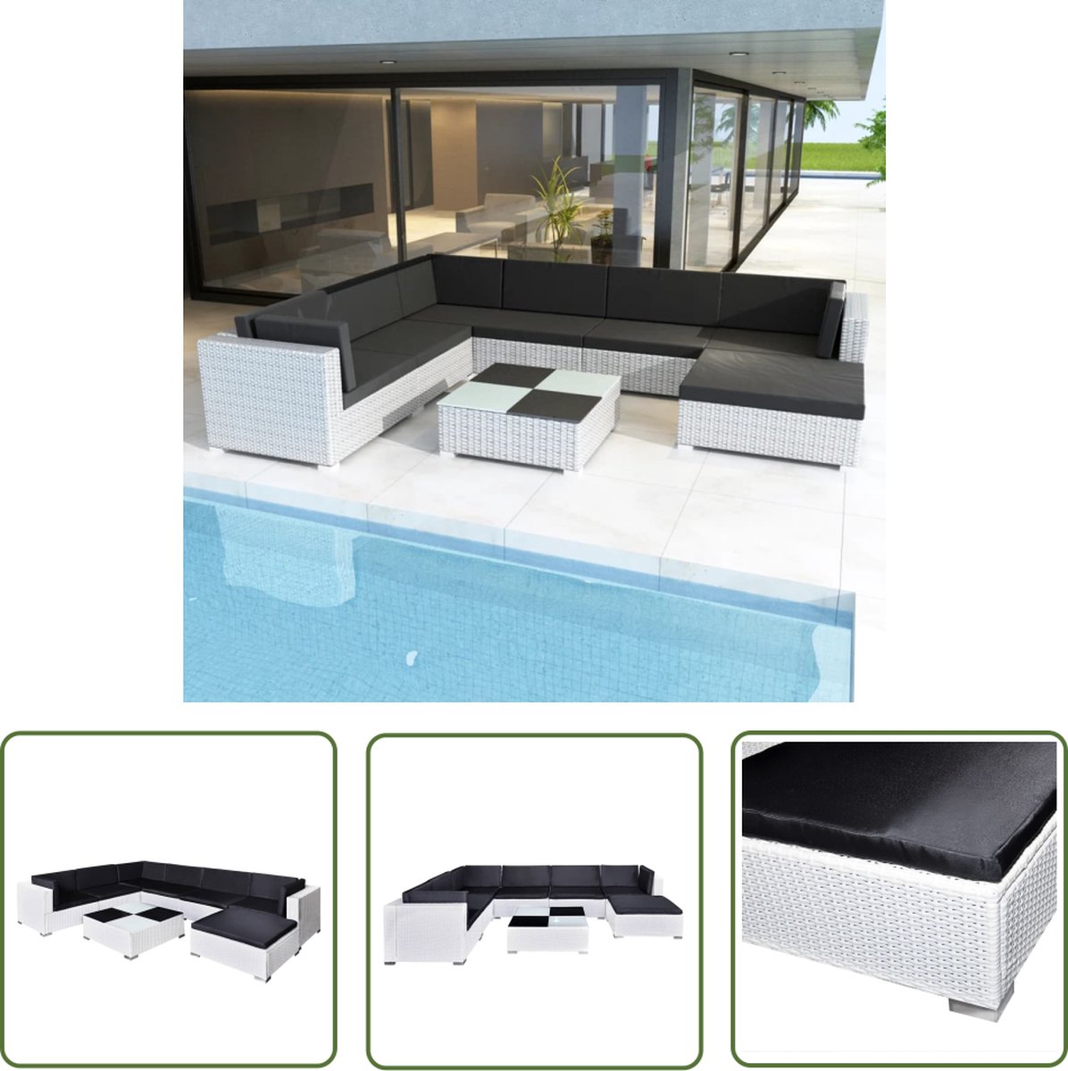 The Living Store 8-delige Loungeset met kussens poly rattan wit - Rattan Lounge Set - Loungebank - Buitentafel - Tuinstoel - Outdoor Meubels