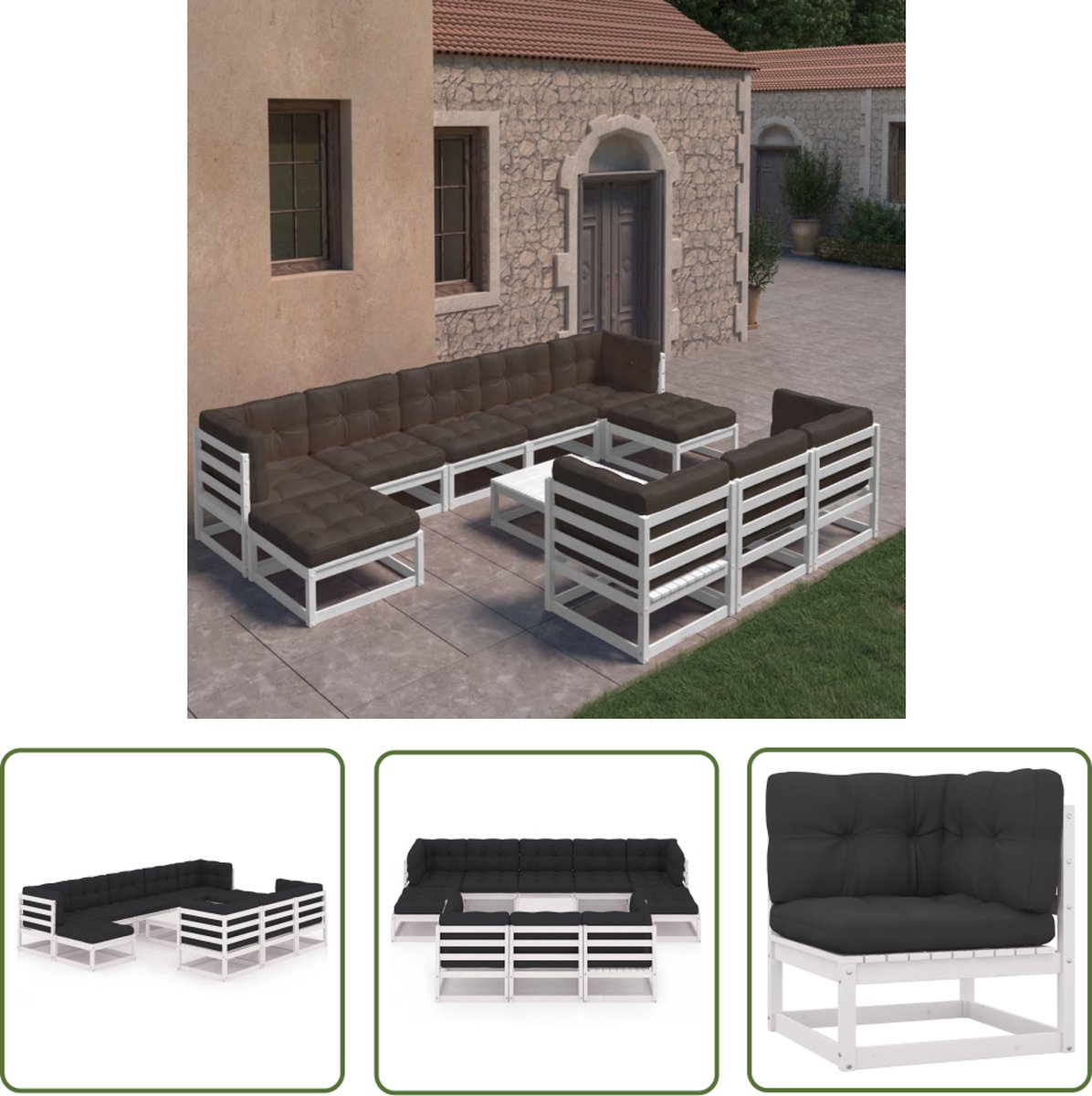 11-delige witte loungeset van massief grenenhout met kussens - Tuin Lounge Set