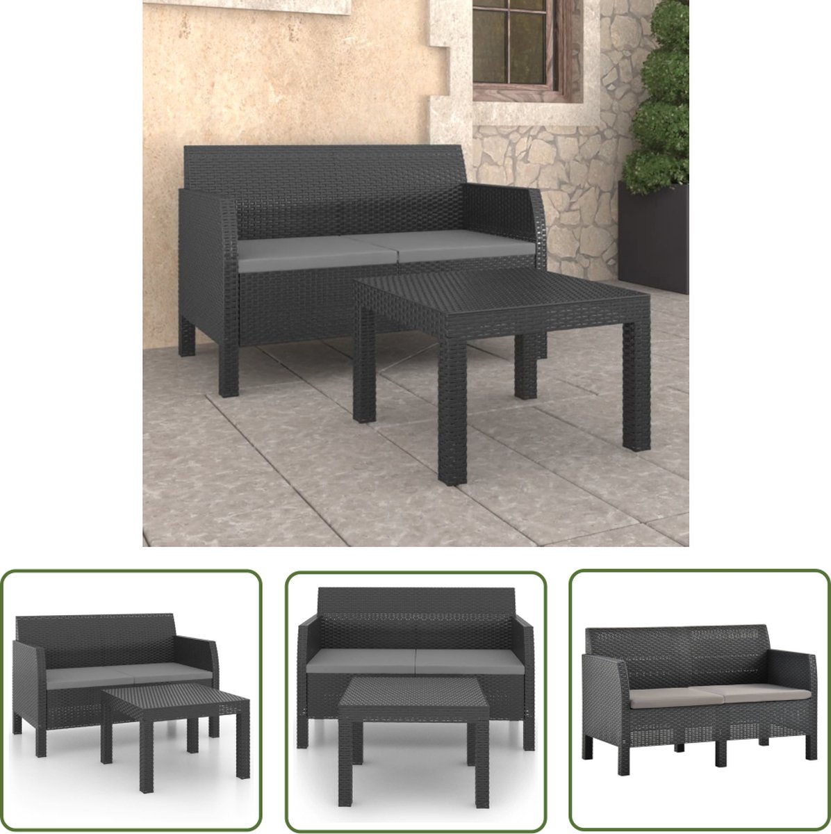 The Living Store 2-delige Loungeset met kussens PP rattan antracietkleurig - Tuinmeubles - Lounge Set - Buitenkamer - Patio Set - Balkon Meubel