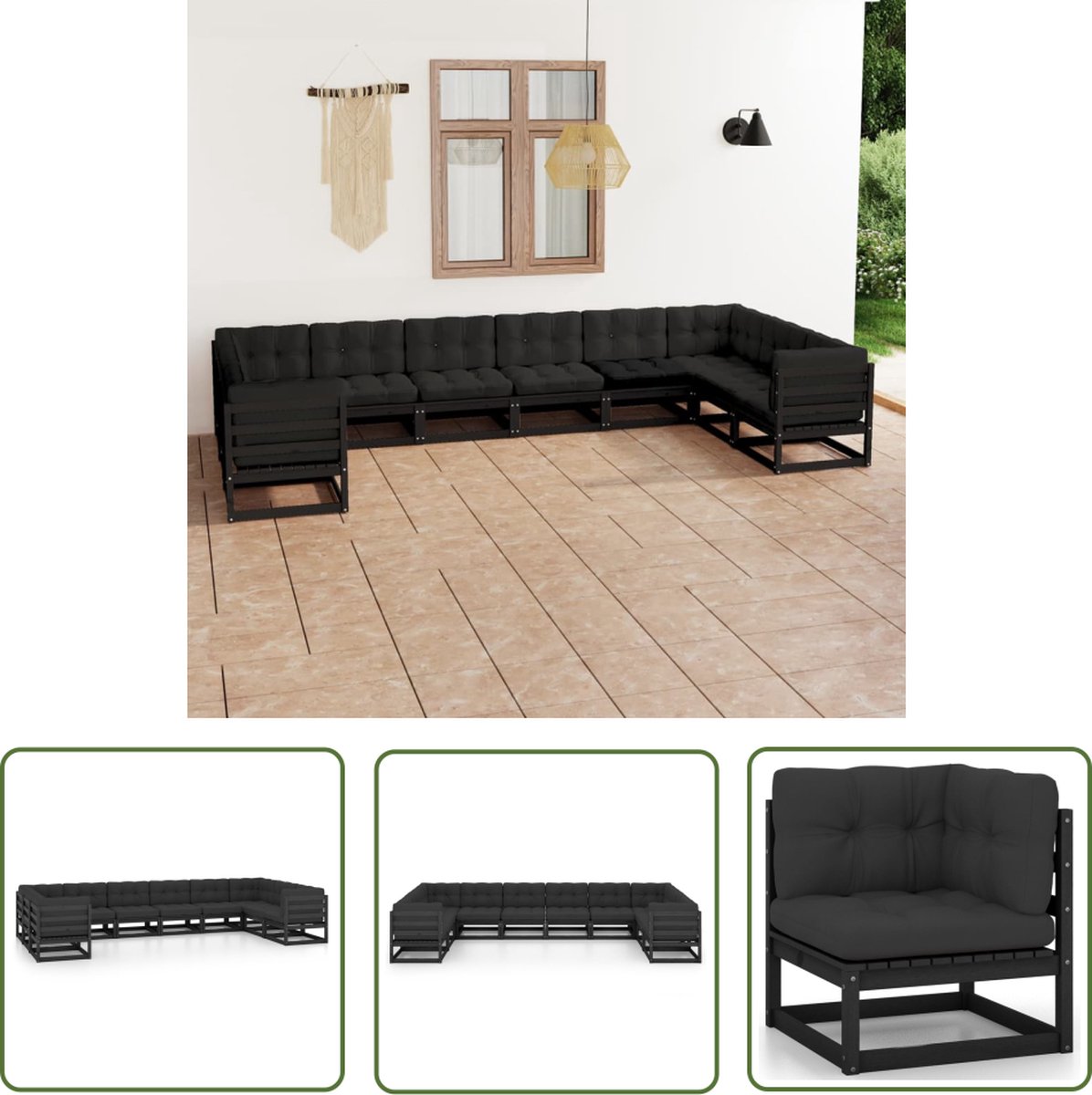 The Living Store 10-delige Loungeset met kussens massief grenenhout zwart - Loungeset - Tuinset - Houten Lounge - Grenenhout - Zwarte Loungestoel
