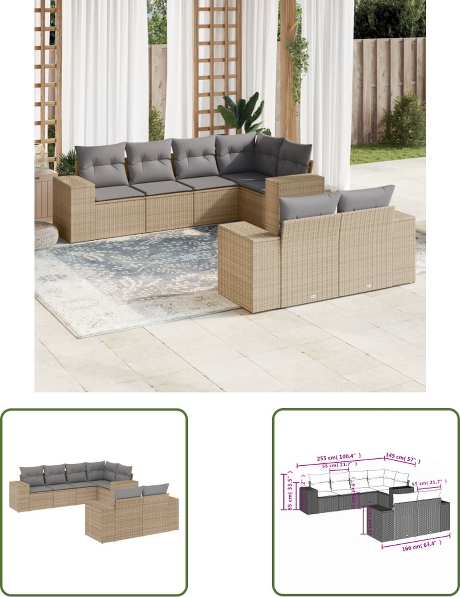 The Living Store 7-delige Loungeset met kussens poly rattan beige - Loungebank - Tuinset - Lounge Set - Buitendecoratie - Tuinmeubels