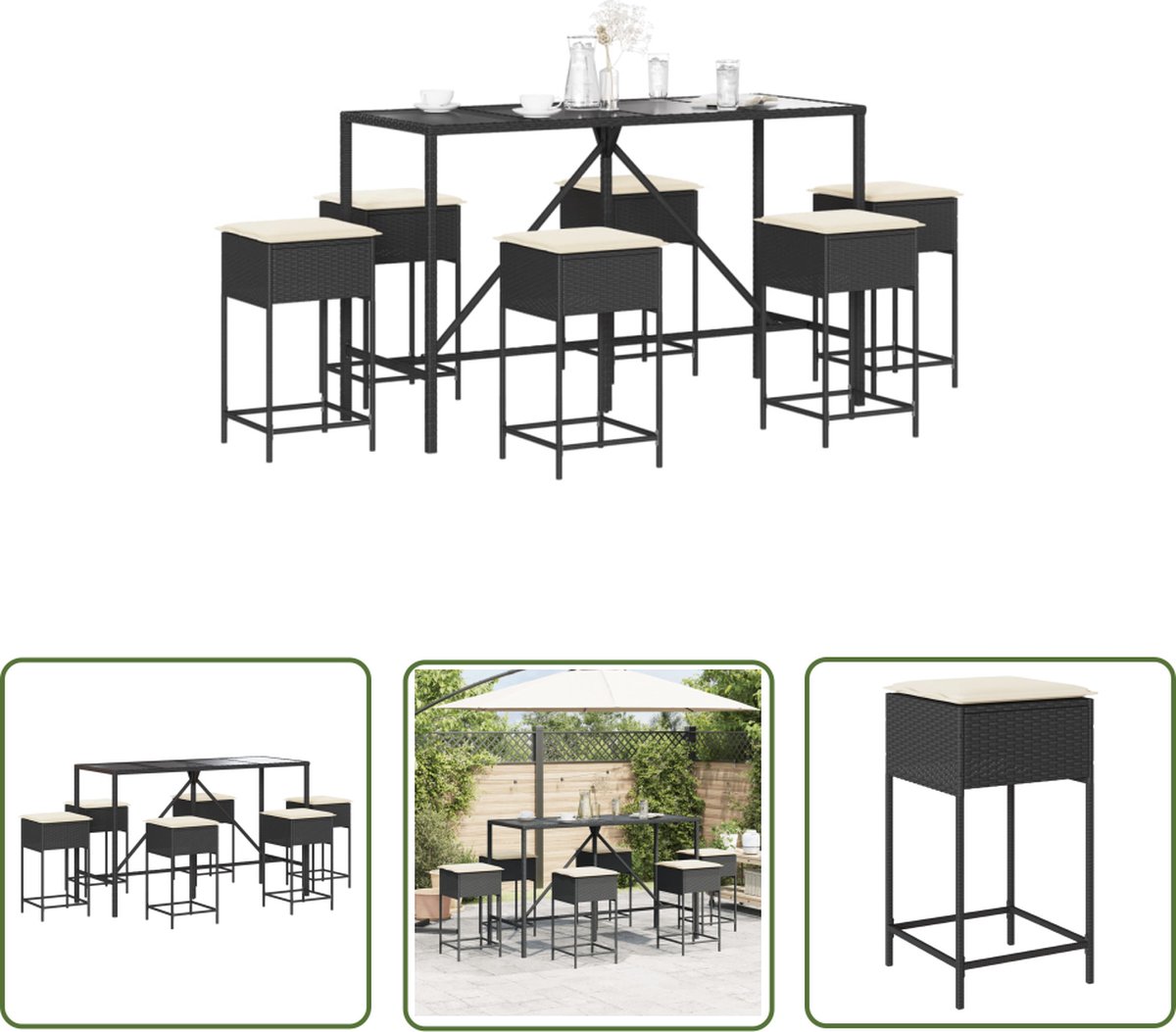 The Living Store 7-delige Tuinbarset met kussens poly rattan zwart - Tuinbarset - Lounge Set - Buitendecoratie - Outdoor Furniture - Patio Set