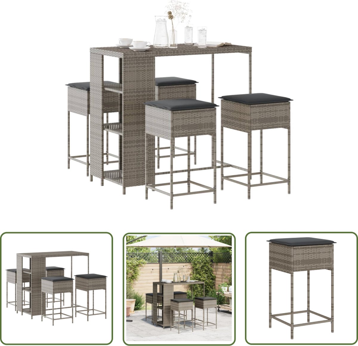 Tuinbarset met grijze poly rattan kussens - The Living Store.