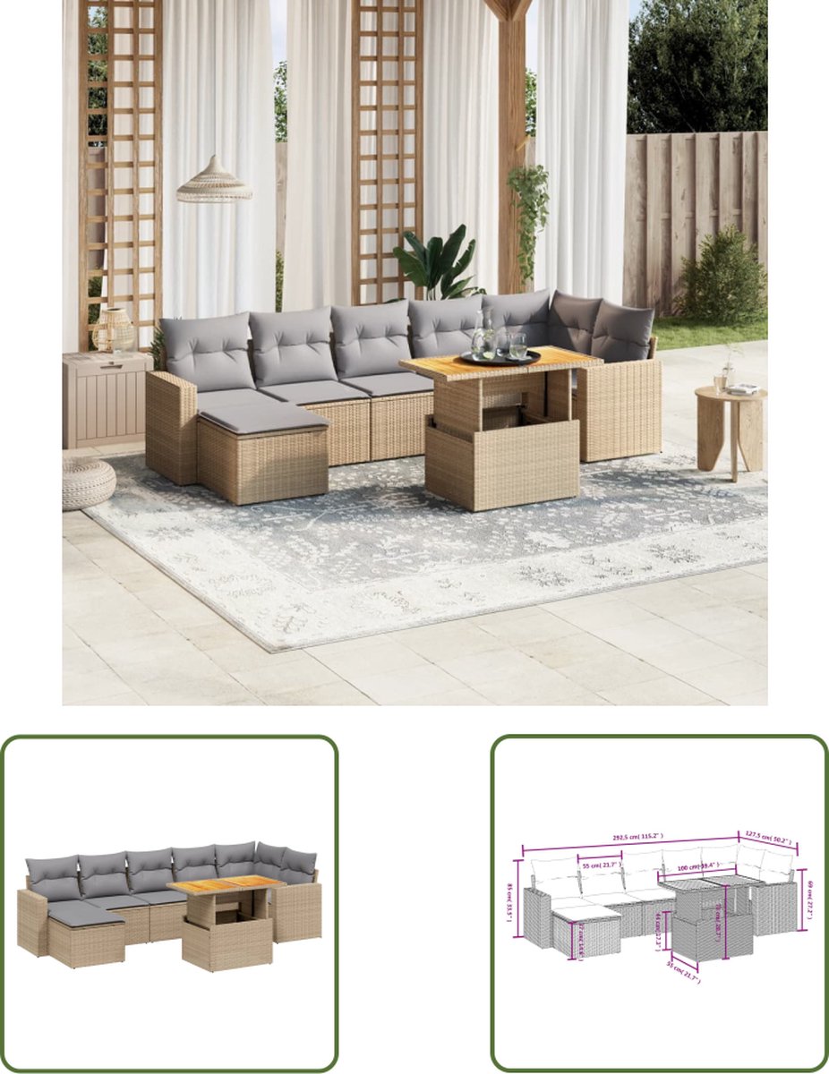 The Living Store 8-delige Loungeset met kussens poly rattan beige - Loungeset - Lounge Set - Buitendecoratie - Tuinmeubels - Tuinlounge