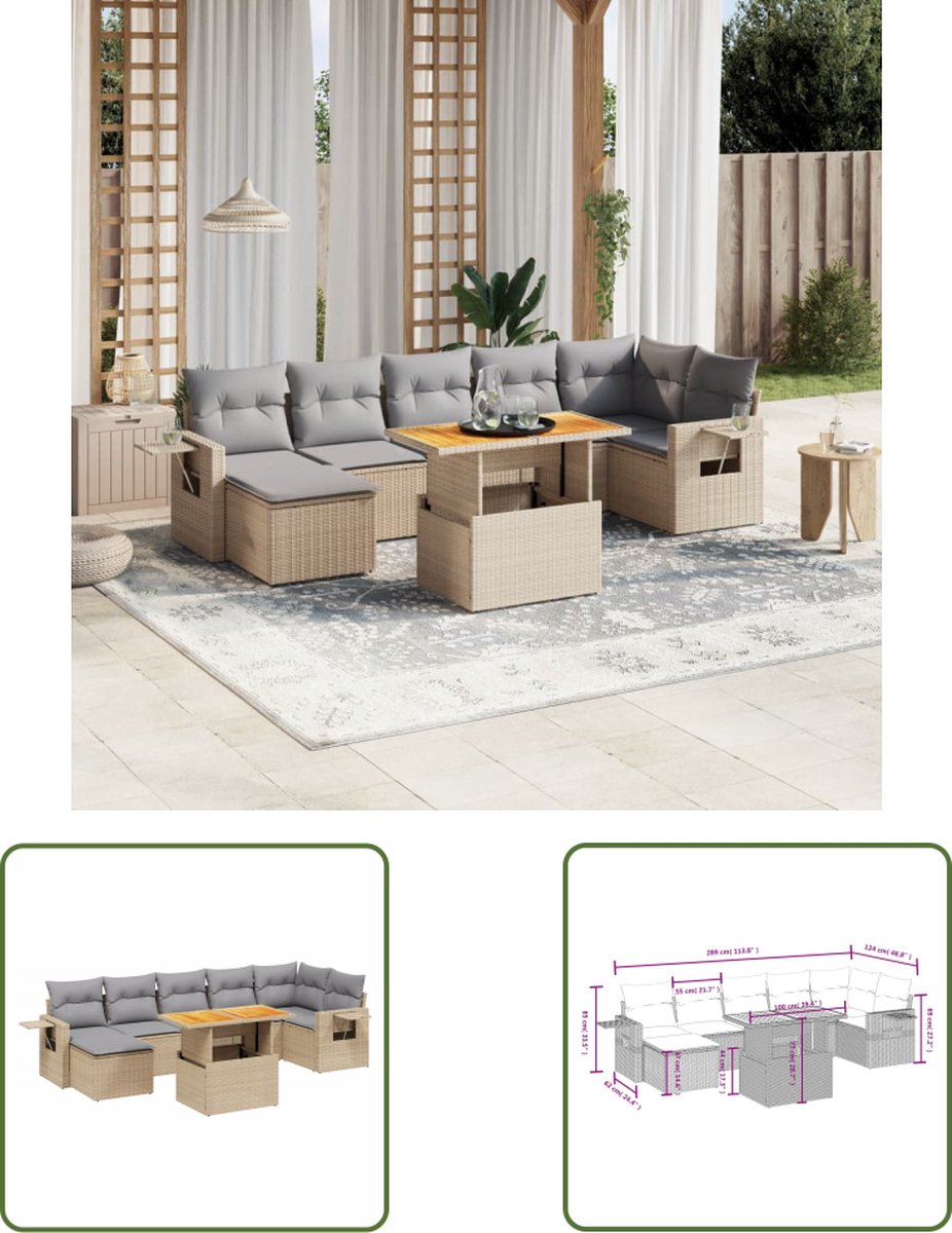8-delige Loungeset in beige poly rattan met kussens - The Living Store