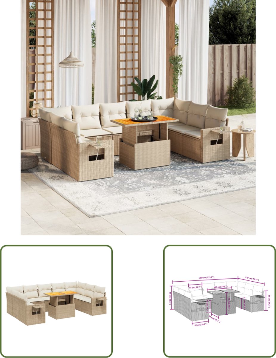 The Living Store 10-delige Loungeset met kussens poly rattan beige - Loungeset - Tuinset - Lounge Set - Buitendecoratie - Outdoor Furniture