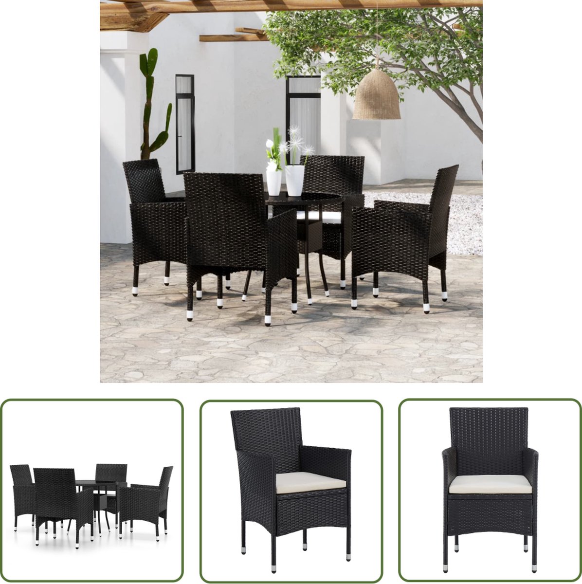 The Living Store 5-delige Tuinset poly rattan zwart - Tuinbank - Tuinset - Eetkamerset - Buitentafel - Lounge Set