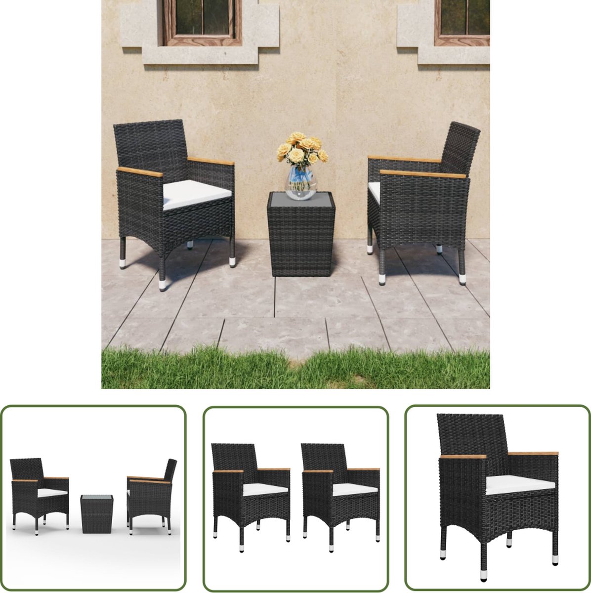 The Living Store 3-delige Bistroset poly rattan en gehard glas zwart - Bistroset - Tuinset - Buitenshuis Eten - Terras Meubilair - Balkon Meubel