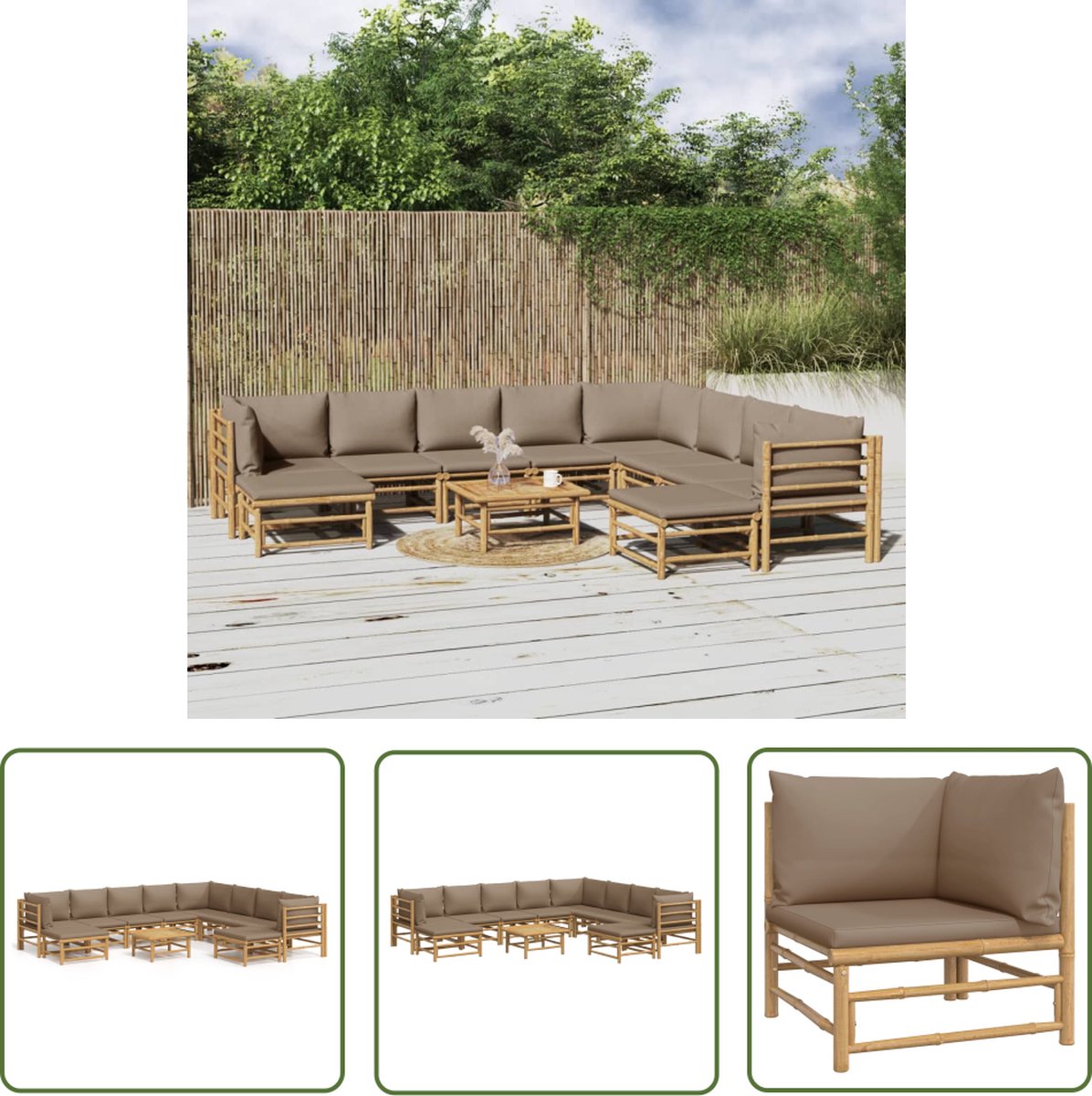 11-delige loungeset van bamboe in taupe met kussens - Outdoor Furniture