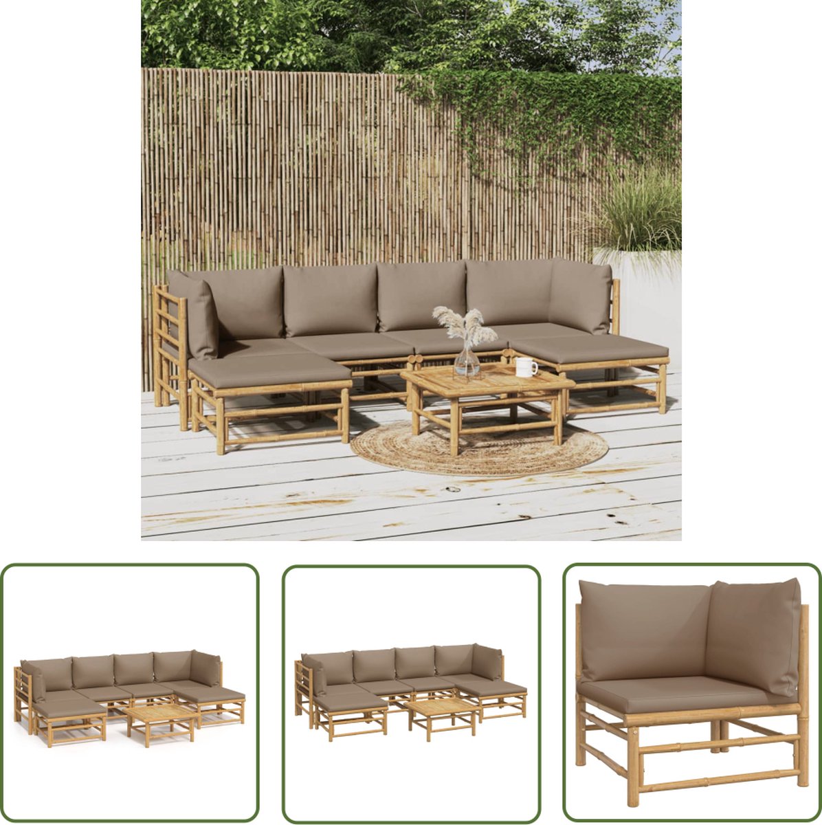 Bamboe loungeset met taupe kussens voor buiten gebruik - The Living Store.