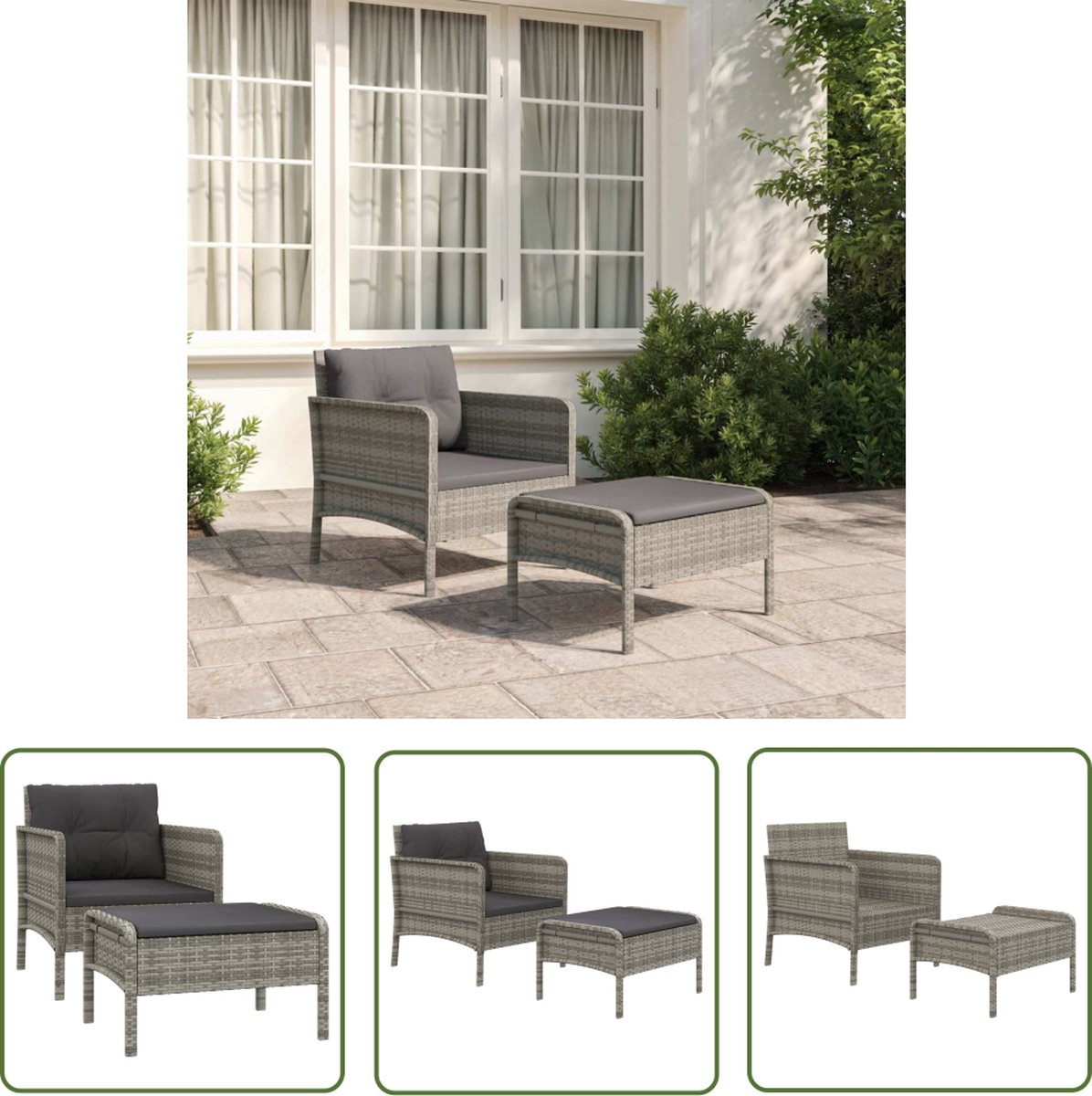 The Living Store 2-delige Loungeset met kussens poly rattan grijs - Loungeset - Tuinset - Buitendecoratie - Lounge - Relaxstoel