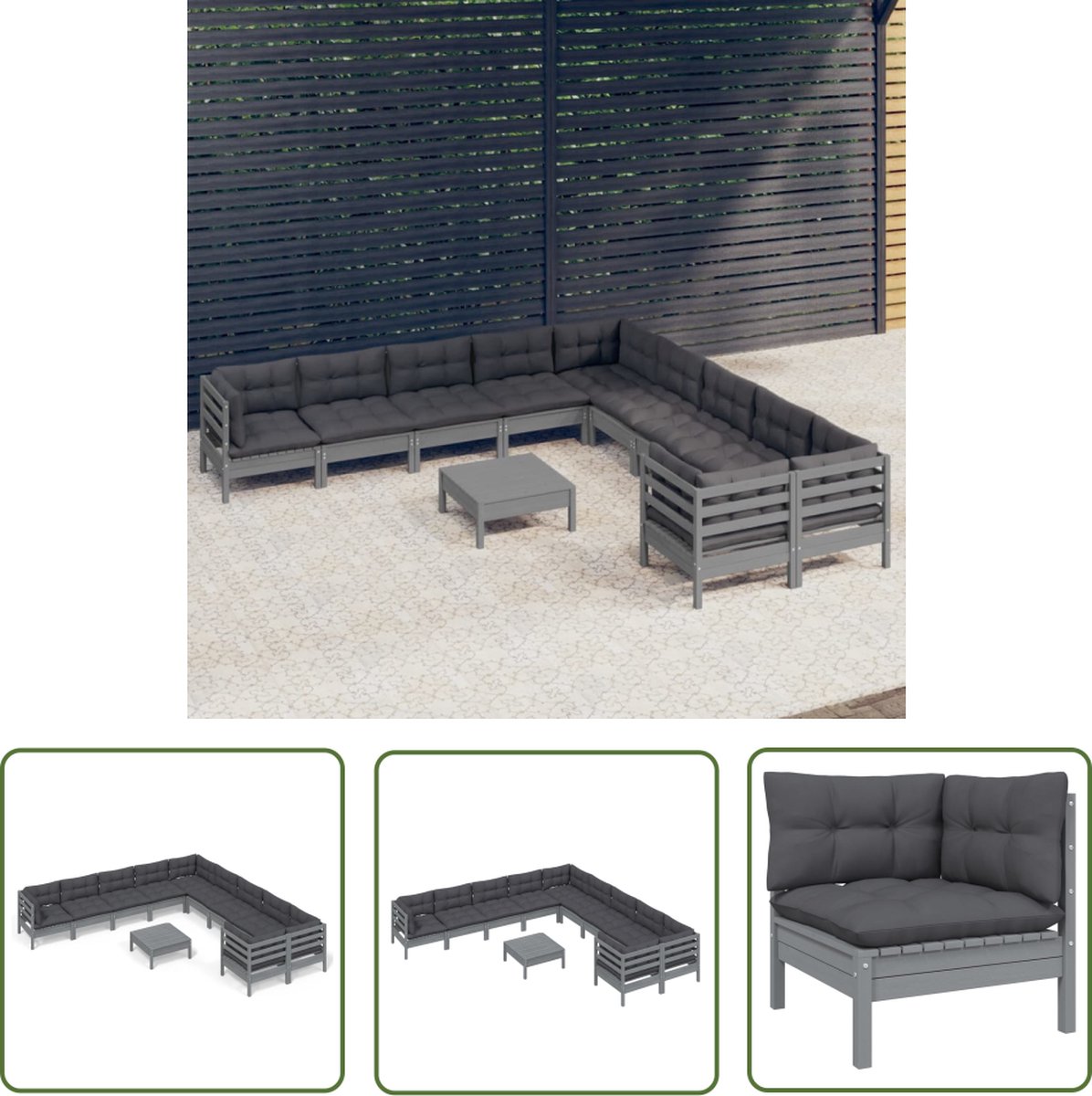 The Living Store 11-delige Loungeset met kussens grenenhout grijs - Loungeset - Tuinset - Hout Meubel - Grenenhout - Lounge Bank