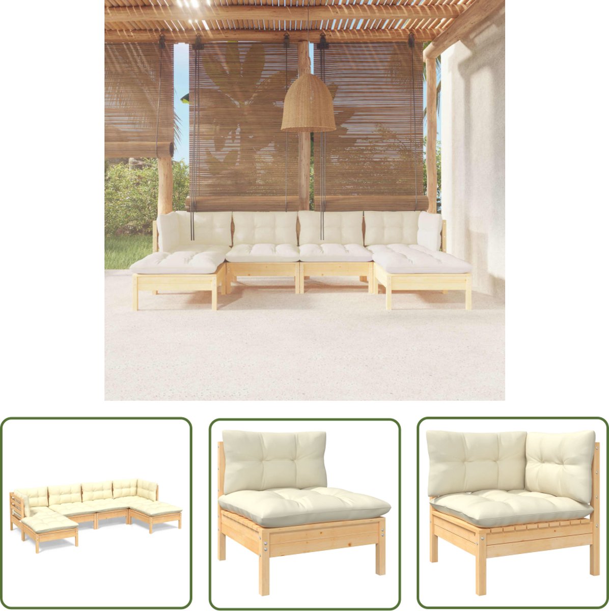 Grenenhout loungeset met crèmekleurige kussens voor tuinmeubilair - The Living Store.