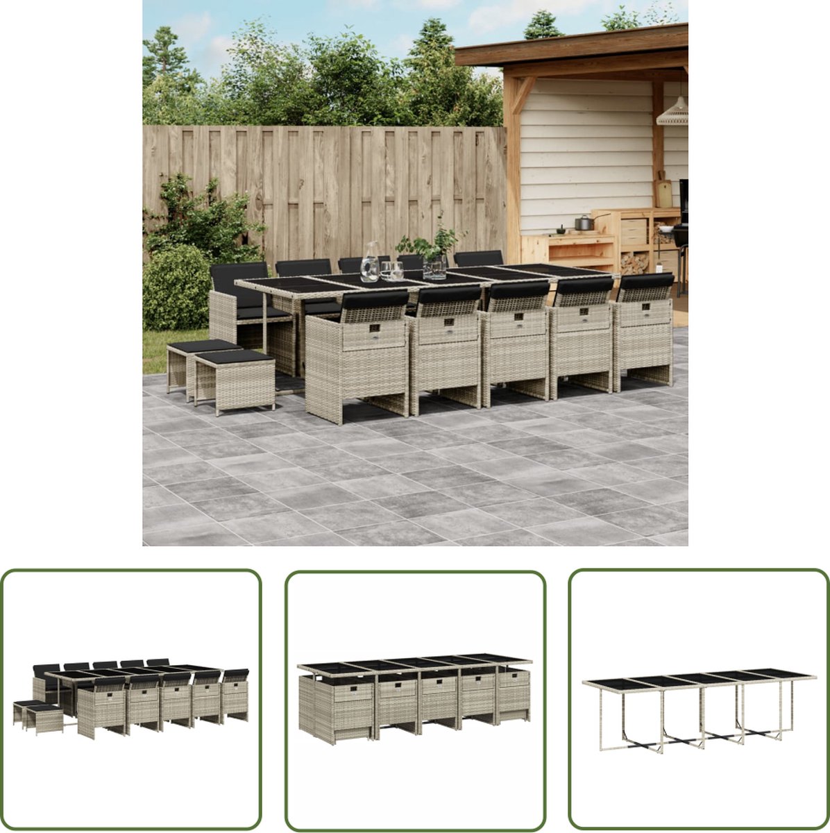 The Living Store 15-delige Tuinset met kussens poly rattan lichtgrijs - Tuinmeubels - Buitentijd - Lounge Set - Eetkamerset - Patio Set