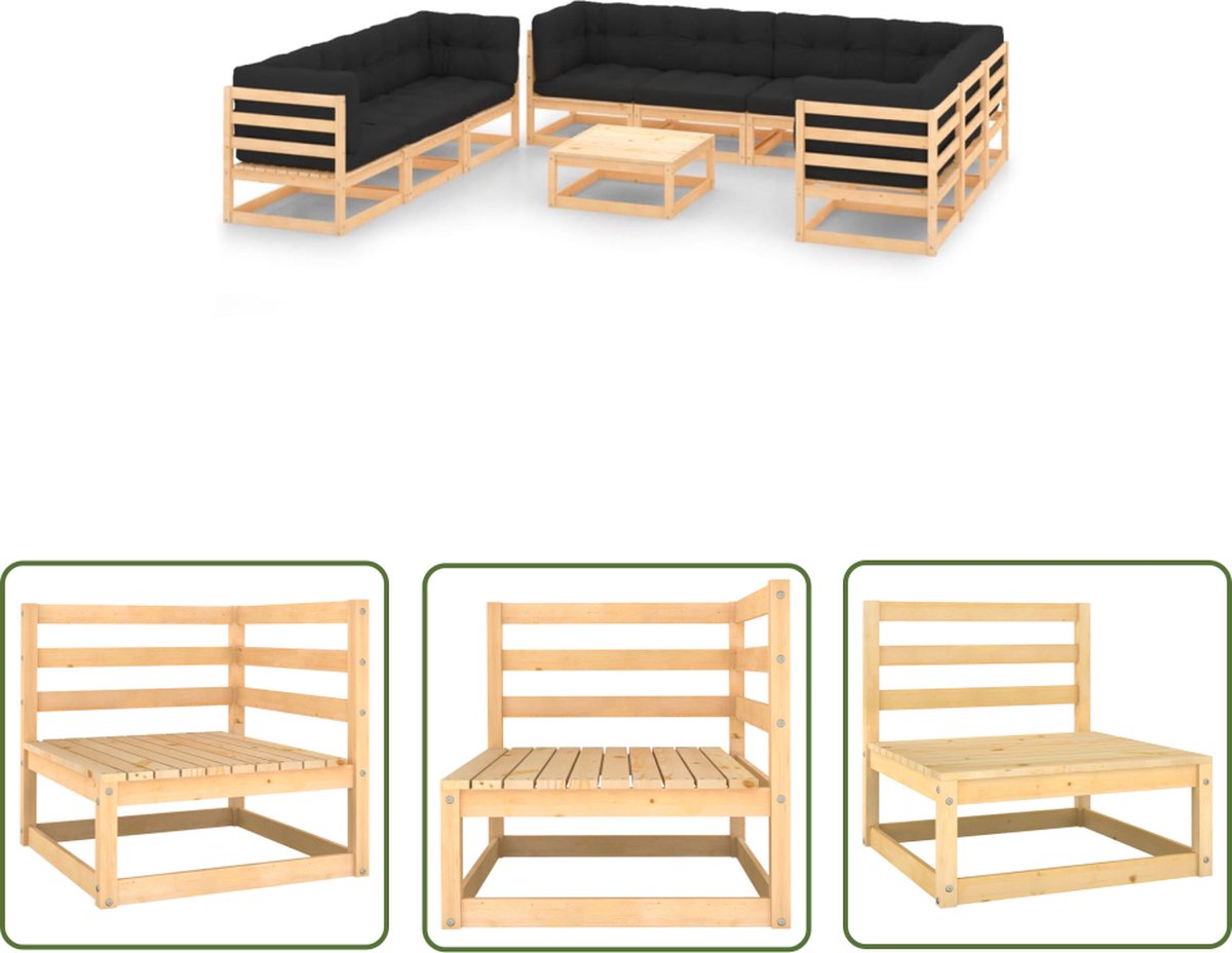 The Living Store 10-delige Loungeset met kussens massief grenenhout - Tuinset - Lounge Set - Houten Tuinset - Grenenhouten Tuinset - Buitenmeubels