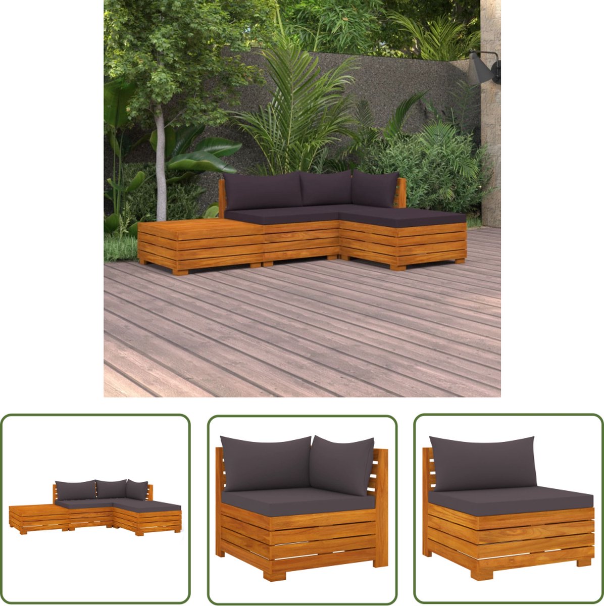 The Living Store 4-delige Loungeset met kussens massief acaciahout - Tuinstoel - Lounge Set - Acacia Hout - Buitendecoratie - Loungemateriaal