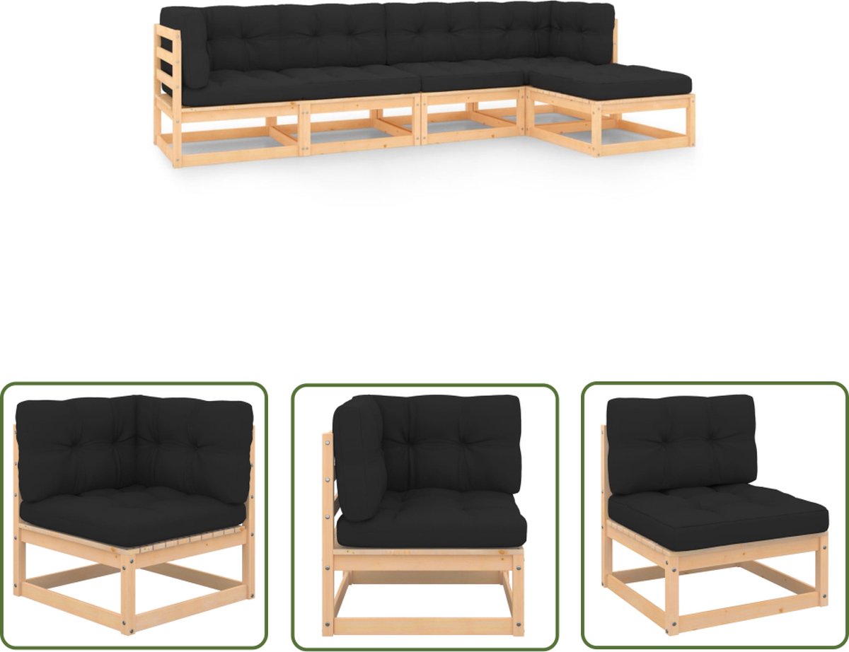 The Living Store 5-delige Loungeset met kussens massief grenenhout - Tuinstoel - Lounge Set - Buitendecoratie - Houten Bank - Loungebank