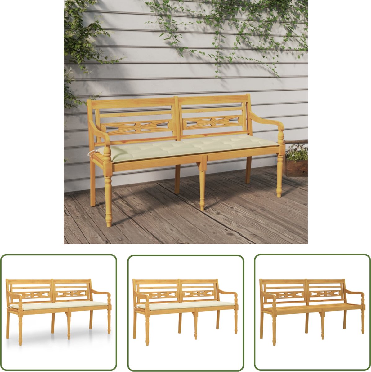 vidaXL Teak Hout - Tuinbank - Bankje Batavia met crèmekleurig kussen 150 cm massief teakhout - Buitendecoratie - Lounge Set - Tuinset