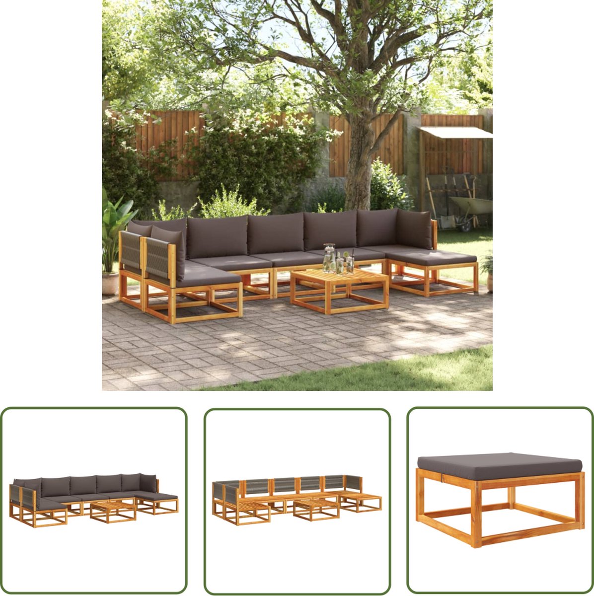 The Living Store Loungeset Acaciahout - Grijs Touw - Modulair Ontwerp - Dik Gevoerde Kussens Loungeset - Tuinset - Acacia Hout - Outdoor Furniture - Lounge Set - Tuinmeubels - Balkon Meubel