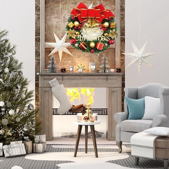 Couronne De Porte De Noël Avec Nœud Rouge - Décoration Festive Pour Intérieur Et Extérieur, Porte, Fenêtre, Cheminée