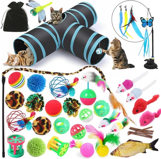 TAVADA Kattenspeelgoedset,38 stuks Kattenspeelgoed Set met Kattentunnel voor Indoor Katten Set met Kattentunnels,Ballen,Grappige Kattenstok,Pluche