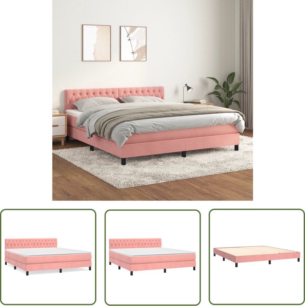 vidaXL Fluweel Bed - Boxspring - Boxspring met matras fluweel roze 180x200 cm - Roze Bed - Tweepersoons Bed - King Size Bed
