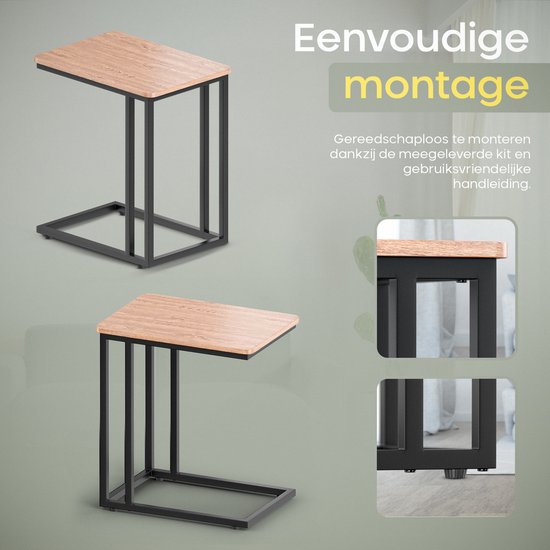 Afbeeldingen van een bijzettafel met houtnerf blad en zwart metalen frame, met en zonder wielen.