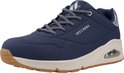 Driekwart aanzicht van donkerblauwe Skechers sneaker met zilveren accenten, vetersluiting en beige dempingszool.