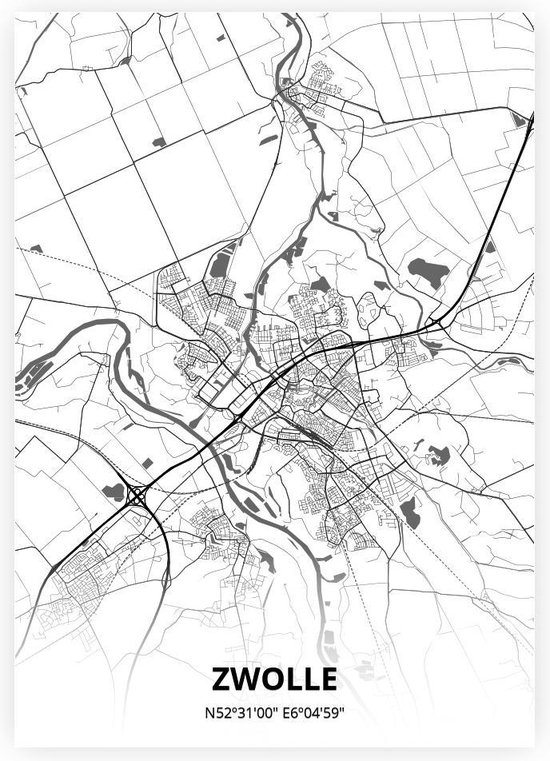 Zwolle plattegrond A2 poster Zwart witte stijl Bestel nu!
