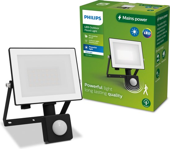 Projecteur Philips Lois - Zwart - 20 W - Lumière chaude et brillante ; 3000K - Détecteur de mouvement - Projecteur