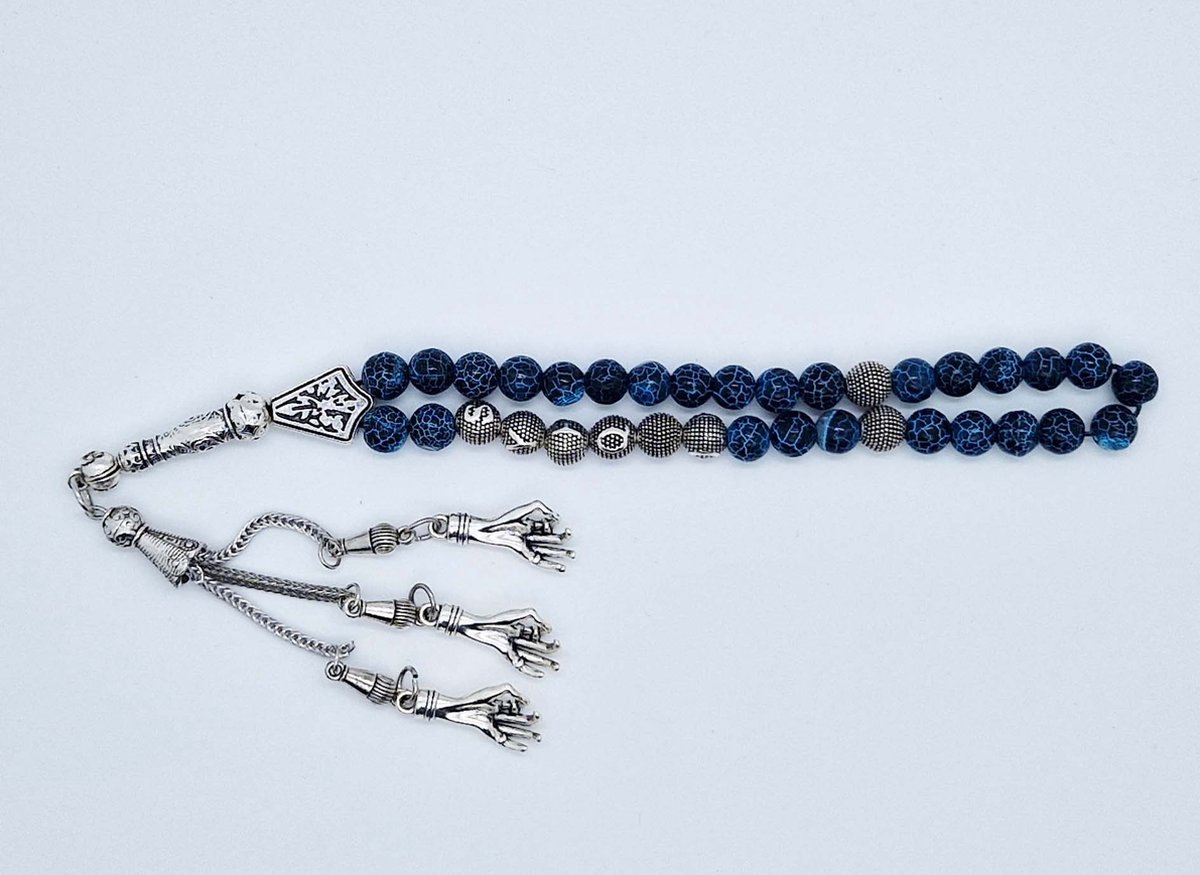 Handgemaakte naam tasbih 33 Kralen Natuursteen “Blauwe harmonie” - met metaal tassel “ Handpalm"- Met je naam of de naam van uw geliefde- 8 mm diameter van de korrel