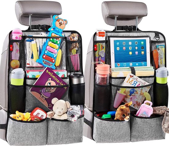 Uraqt Autostoelbeschermer, 2 stuks voor de achterbank, autostoelorganizer voor kinderen, doorzichtige iPad-tablethouder, waterdicht, bescherming tegen stoten, in universele pasvorm