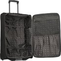 Valise trolley noire ouverte, avec doublure noire, sangles et compartiments. Intérieur de la valise.